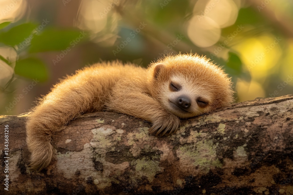 Poster sleepy sloth resting peacefully on a tree branch in a lush rainforest during the golden hour of suns