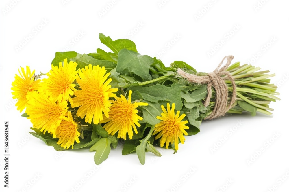 Aufkleber freshly gathered dandelion greens and flowers arranged for culinary use in a bright setting