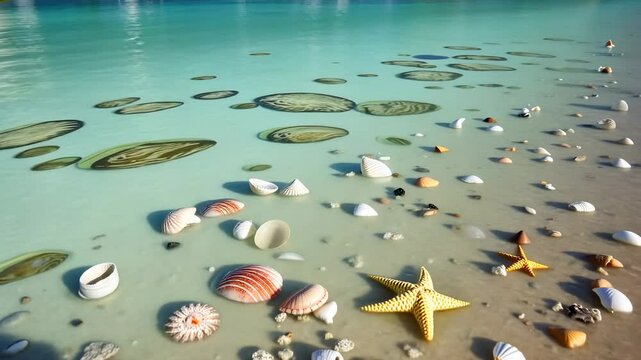 Seashells and Starfish on a Pristine White Sand Beach with Turquoise Water