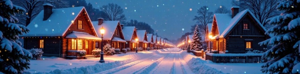 Snowy village street with festive lights and decorated houses, holiday season, traditional Christmas decor