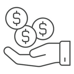 Dollar coins at hand thin line icon, money savings concept. Vector graphics. Bank deposit sign on white background, outline style icon for mobile or web design.