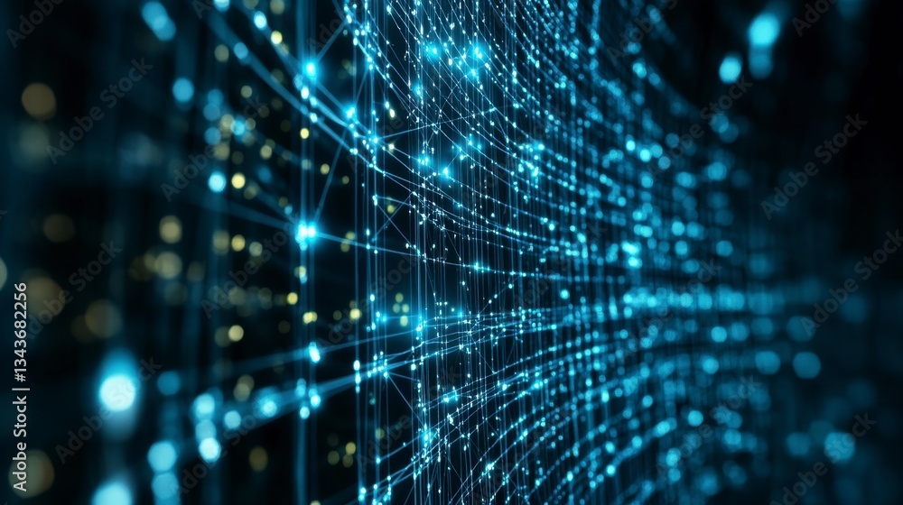 Poster abstract digital network background with glowing blue and yellow nodes connected by lines. dark back