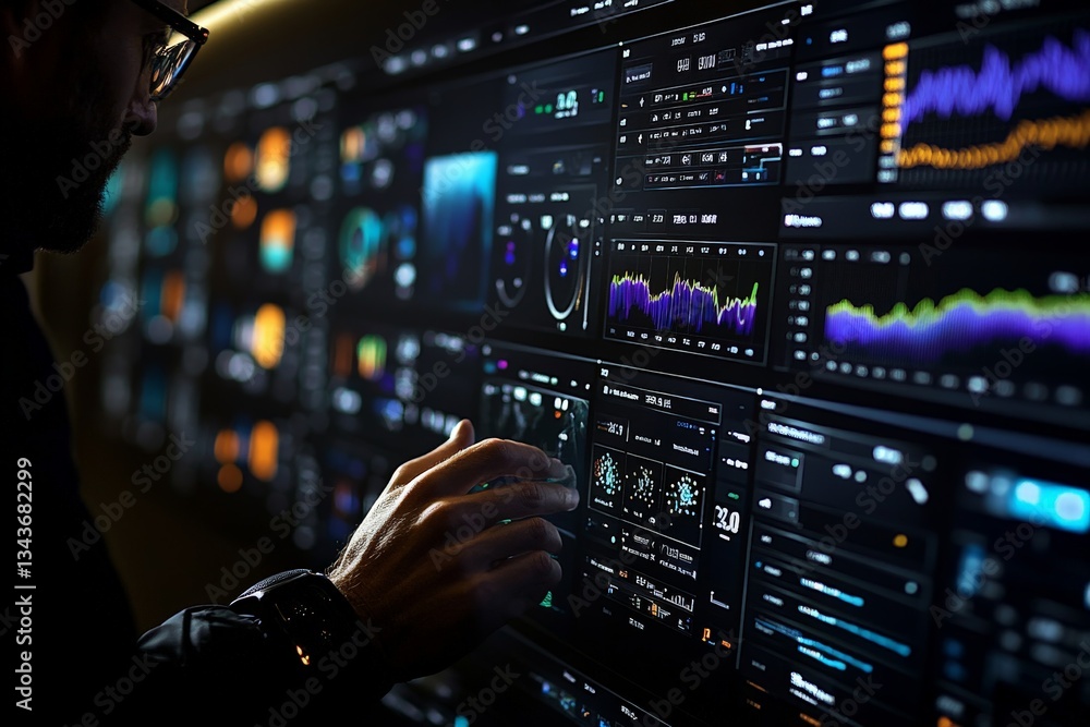 Poster Detailed analysis of data displayed on a large interactive screen in a modern workspace during evening hours