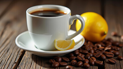 Fototapeta premium Hot black coffee in white cup with lemon slice and roasted beans on rustic wooden table
