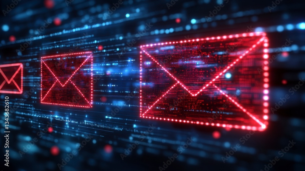 Poster abstract digital illustration of glowing red email icons moving across a dark blue binary code backg