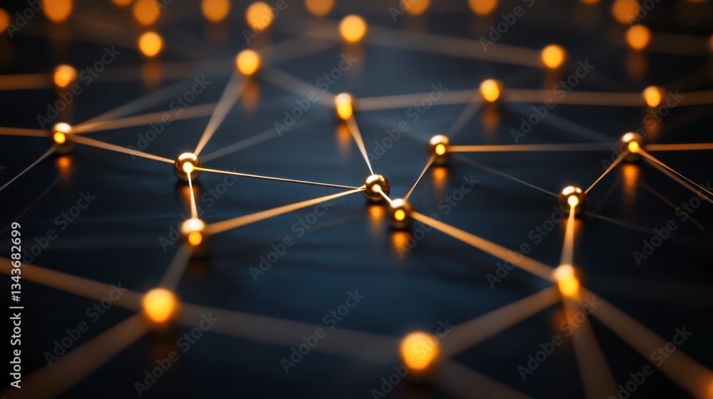 Poster abstract network connection concept. golden spheres linked by thin lines on dark background. illumin