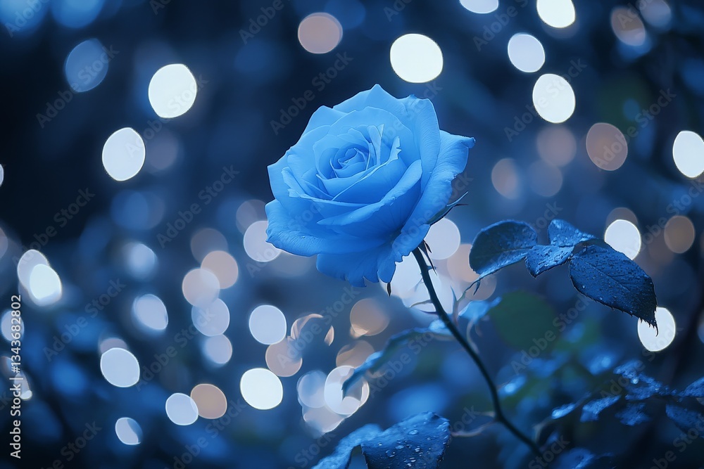 Poster Blue rose illuminated by soft lights in a serene garden at dusk creating a magical atmosphere