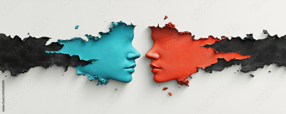 Poster two faces are shown in a split image, one blue and one red. the blue face is on the left and the red
