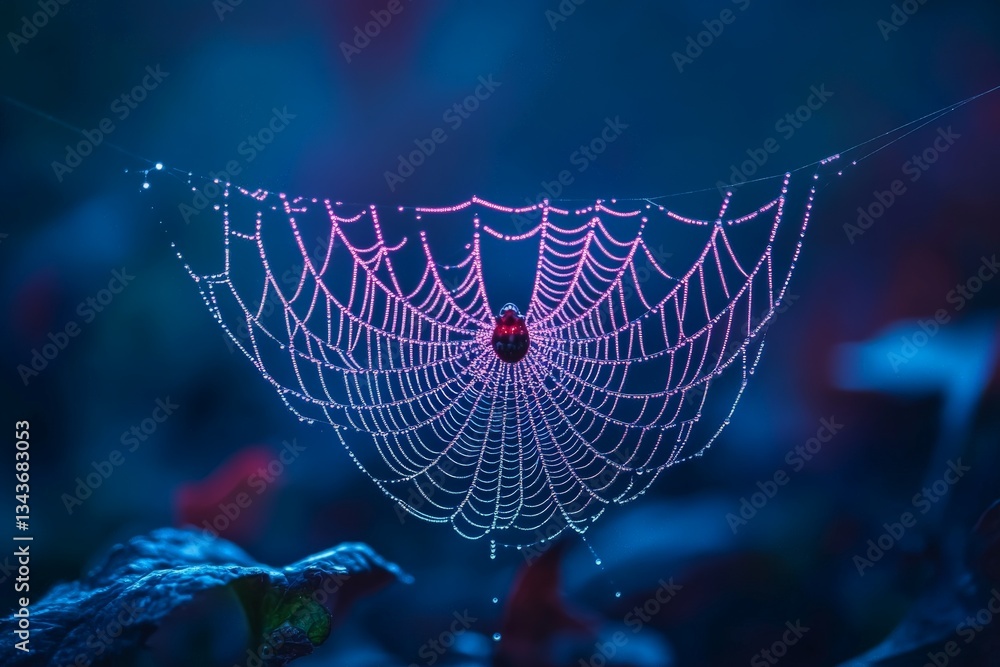Poster beautiful spider web glistening with dew in a serene forest during dawn light