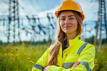 The engineer stands with arms crossed in a field near a power station, wearing a safety helmet and high-visibility jacket, focused on the electrical work ahead