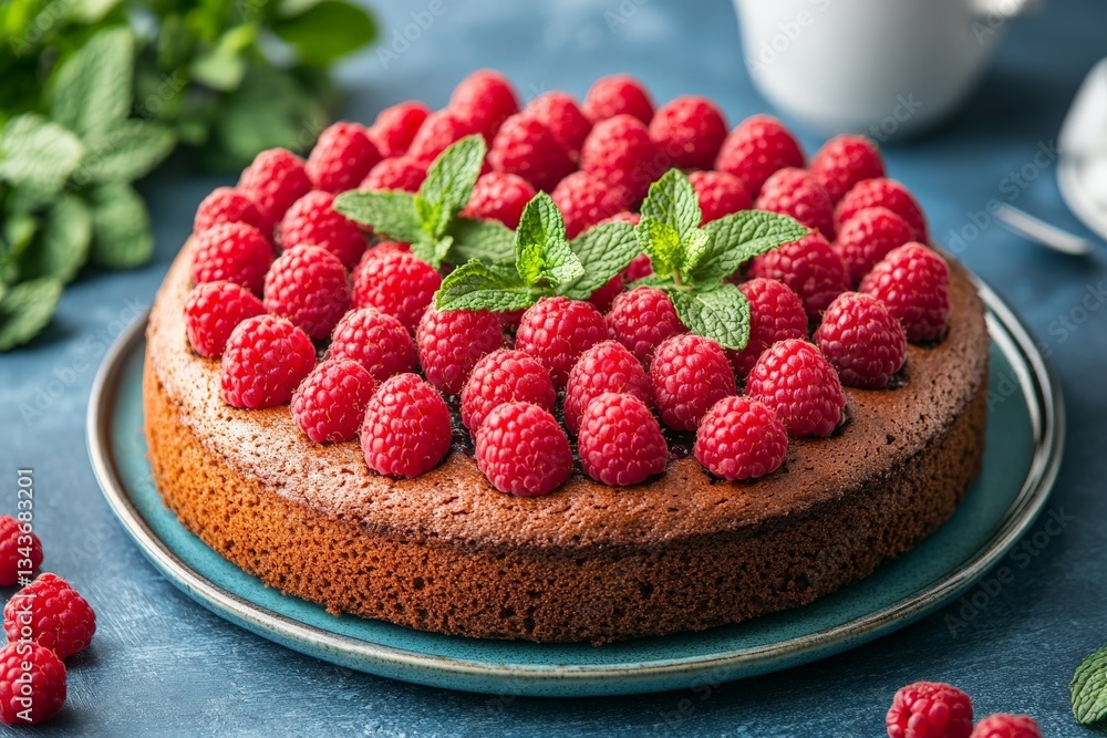 Poster raspberry tart displayed on a blue plate surrounded by fresh mint leaves and scattered berries