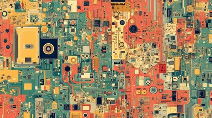 Abstract image of multicolored circuit boards, featuring intricate patterns of electronic components. The image is composed of various shades of red, yellow, green, and blue.