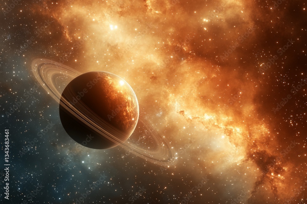Aufkleber vivid depiction of a distant planet with rings set against a swirling cosmic nebula in deep space