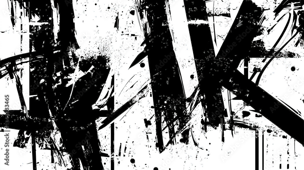 Poster bold black and white patterns dominate the canvas, showcasing energetic brush strokes and splatters 