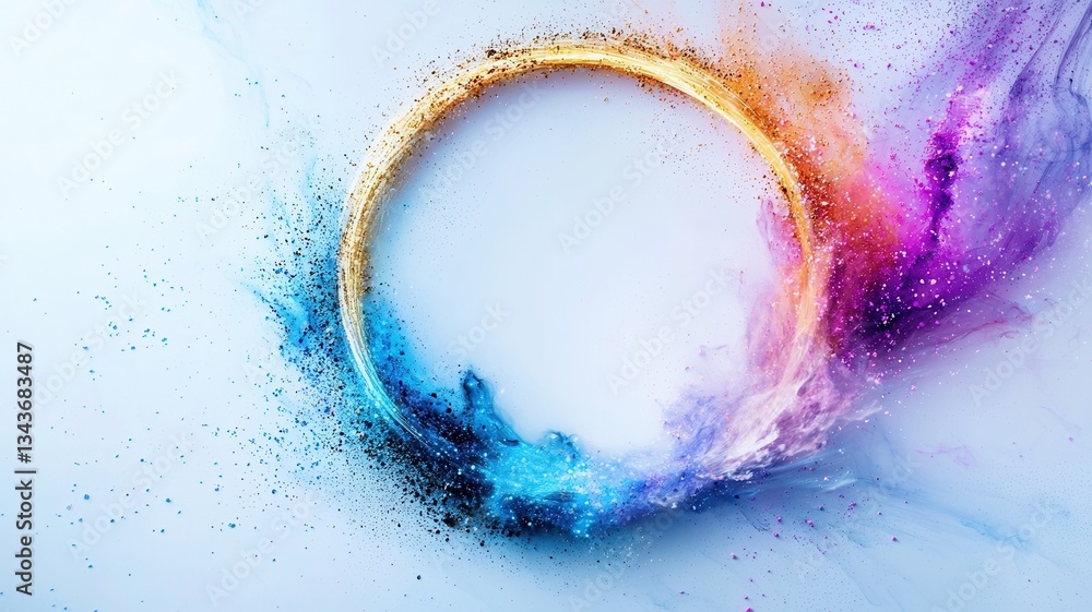Poster colorful particles spread out, forming a dynamic circular frame on light creating background, a a vi