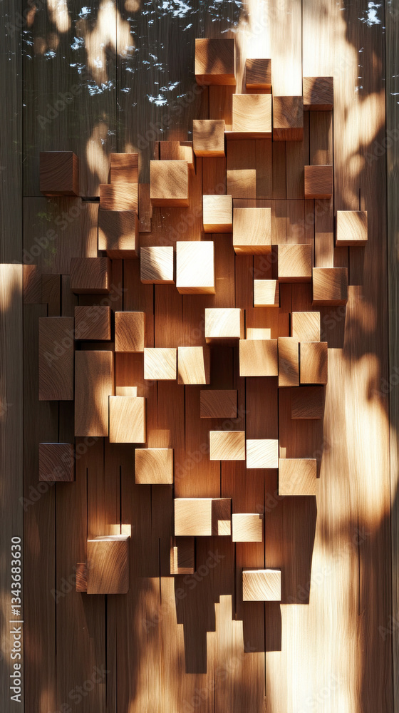Poster a wooden wall with many small wooden blocks. the blocks are arranged in a way that creates a shadow 
