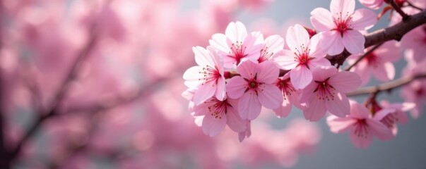 Naklejka premium Soft focus sakura blooms on a serene background of blooming cherry trees, soft pink, serene