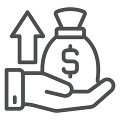 Money bag with arrow on hand line icon, bank account concept. Vector graphics. Dollar deposit portfolio growth sign on white background, outline style icon for mobile or web design.