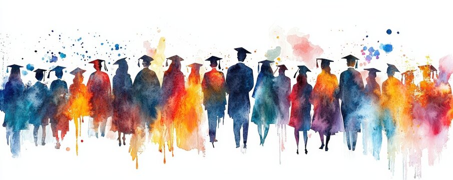 Colorful watercolor silhouette of graduates in caps and gowns celebrating their achievement and new beginnings at graduation.