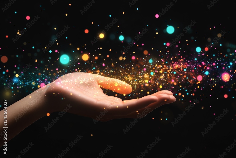Poster Hand reaching out with colorful sparkles in a dark environment creating a magical atmosphere