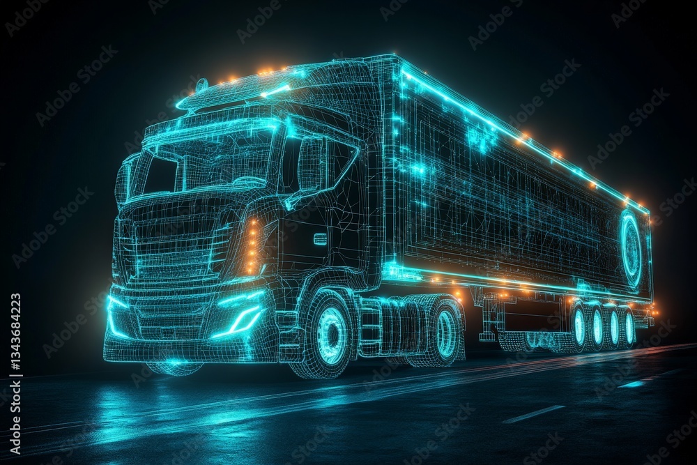 Poster futuristic truck design illuminated in neon blue with a digital wireframe effect on a dark highway
