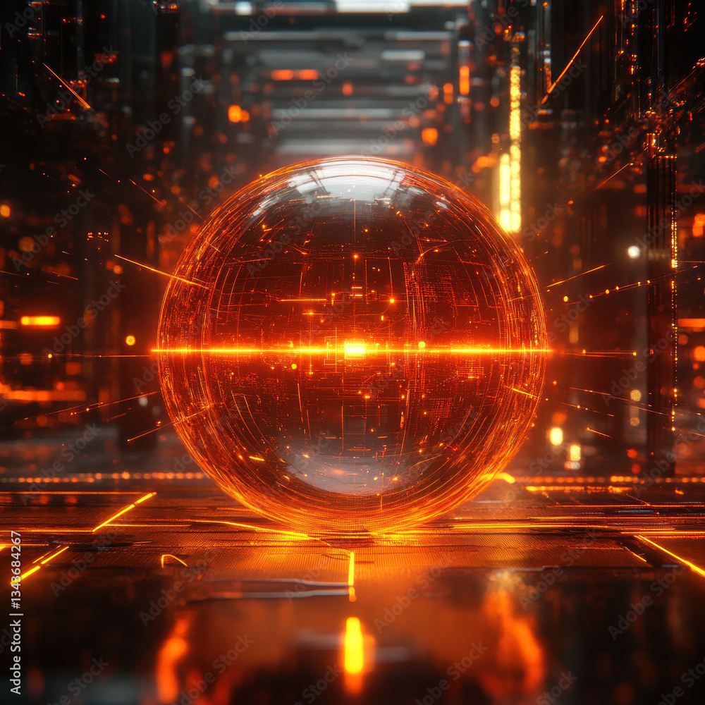 Poster a glowing orange sphere is the center of a dark room. the sphere is surrounded by a network of wires