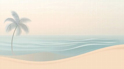 Obraz premium Serene beach escape with a lone palm tree and gentle waves under a soft gradient sky