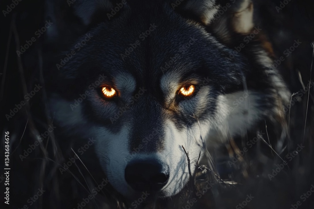 Poster wolf with glowing eyes stalks through grass at twilight in a serene forest setting