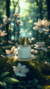 Beauty of nature captured with a delicate bottle of cream surrounded by blooming flowers in a serene forest setting. Ideal for Social Media, Stories, Advertising