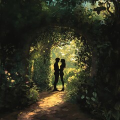 Silhouetted couple embraces in a lush garden.