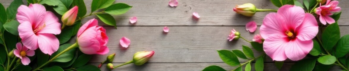 Soft pink petal arrangement amidst lush greenery on a natural woodgrain background, outdoor, garden
