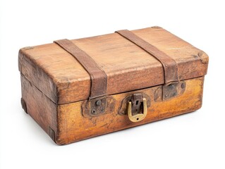 Aged wooden box with leather straps, brass clasp, isolated on white background. Shows signs of wear and age, suggesting vintage or antique nature.