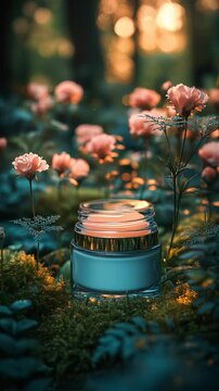 Discover tranquility in nature with a calming cream among blooming flowers at sunset. Ideal for Social Media, Stories, Advertising