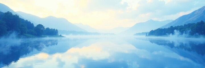 Fototapeta premium Soft watercolor effect with light blue hues and subtle texture resembling a serene lake at dawn, soft focus, tranquil atmosphere