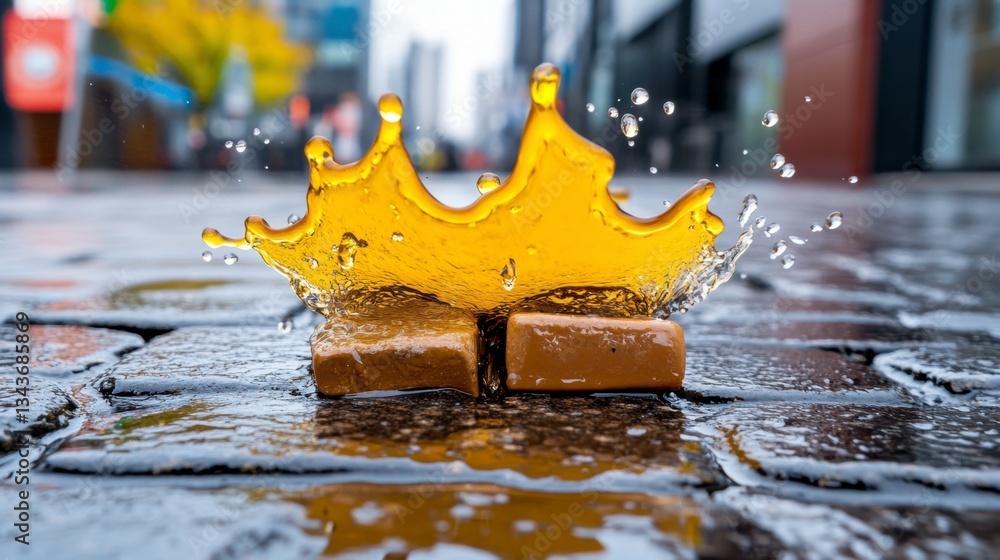 Poster amber liquid splashing dramatically on wet cobblestones, creating a crown like shape. city backgroun