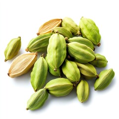 Fresh green cardamom pods isolated on a white background for culinary use.