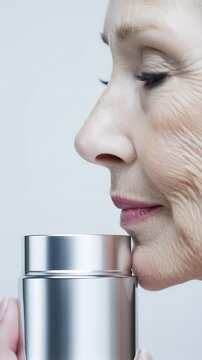 Woman experiencing a moment of reflection while holding a skincare product close to her lips in a serene setting. Ideal for Social Media, Stories, Advertising