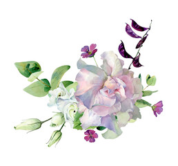 Watercolor bouquet of flowers with petunia