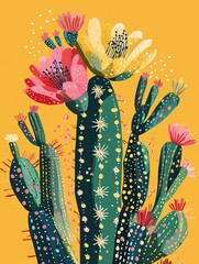 Fototapeta premium Blooming cacti on golden yellow background.