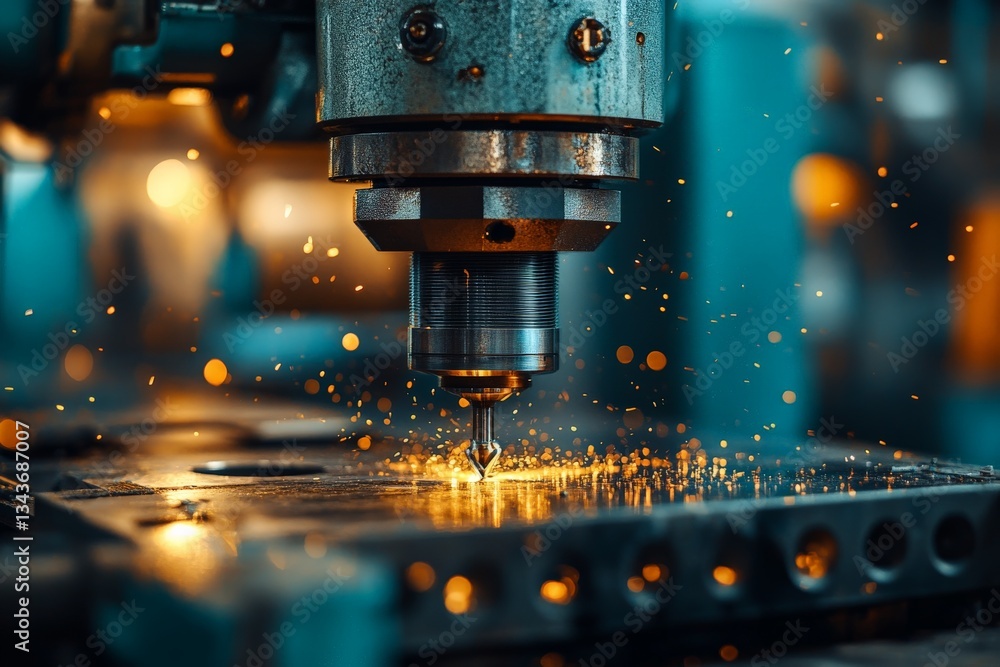 Poster precision machining process in a high-tech workshop with sparks flying during metal cutting