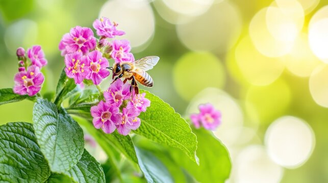 A bee pollinates vibrant pink flowers in a soft-focus garden setting.
