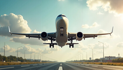 Obraz premium a close-up view of a passenger airplane taking off, with powerful jet engines and extended landing gear, soaring into a partly cloudy sky