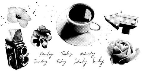 Black and white halftone coffee collage. Vintage camera, flowers, handwritten days of the week. Vector template for journals, creative mood board, planner