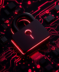 Cybersecurity lock on circuit board, Futuristic security illustration. Red neon padlock with tech background, data protection concept