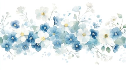 Serene Watercolor Floral Border: Delicate Blue and White Flowers