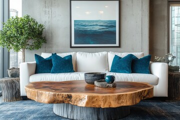 a modern living room with a stylish sofa, wooden table, and art piece