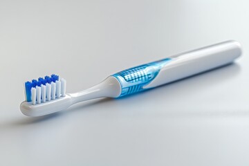 Essential daily hygiene tool with blue and white bristles on a plain background in a modern setting