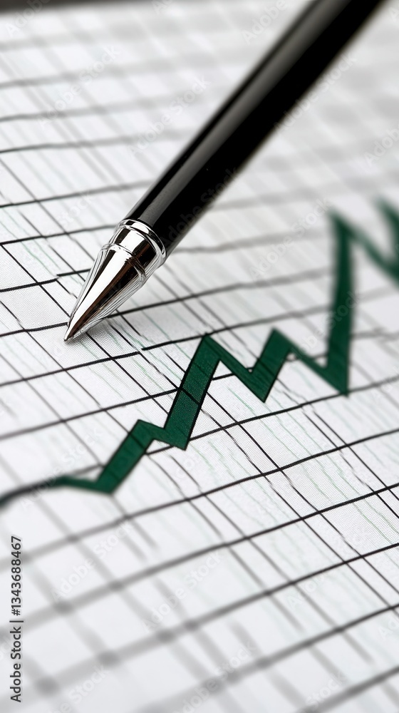 Poster close up view of a black pen pointing at a fluctuating green line graph on a white gridded paper. th