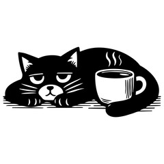 cat with a cup of coffee, cat's lying
