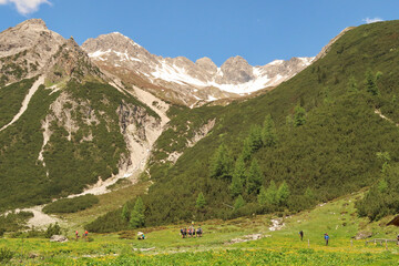 Looking back up to the snow covered Mädelejoch, a mountain pass in the alps between Germany and Austria, a group of tourists, hikers, trekkers in the front, E5 Trail, Holzgau, Austria